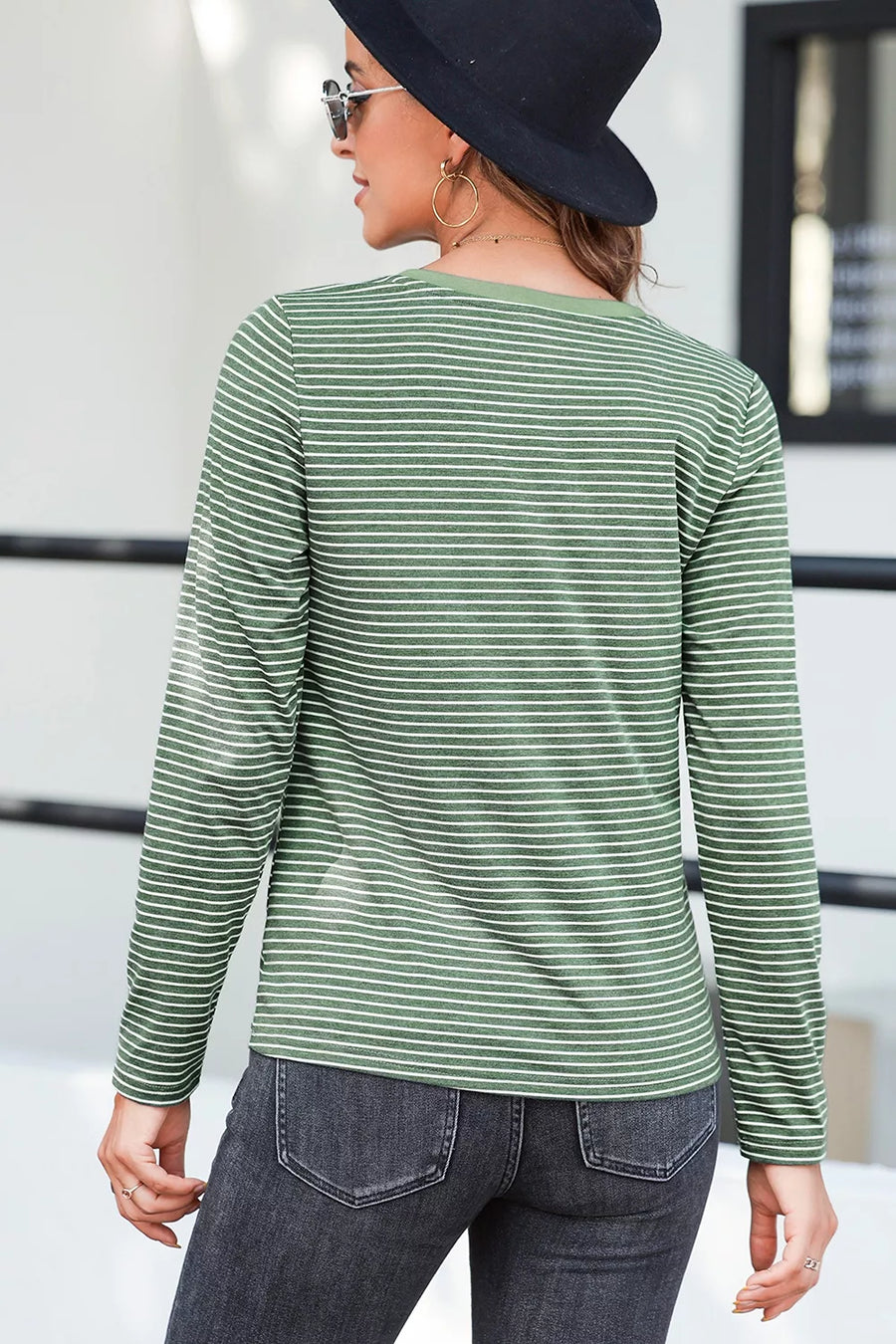 Stripe V Neck Stretchy Long Sleeve Top option 9
