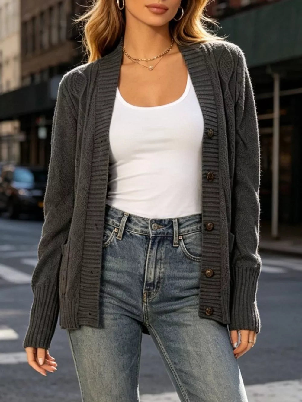Gray with Cozy Cable Knit Button-up Cardigan