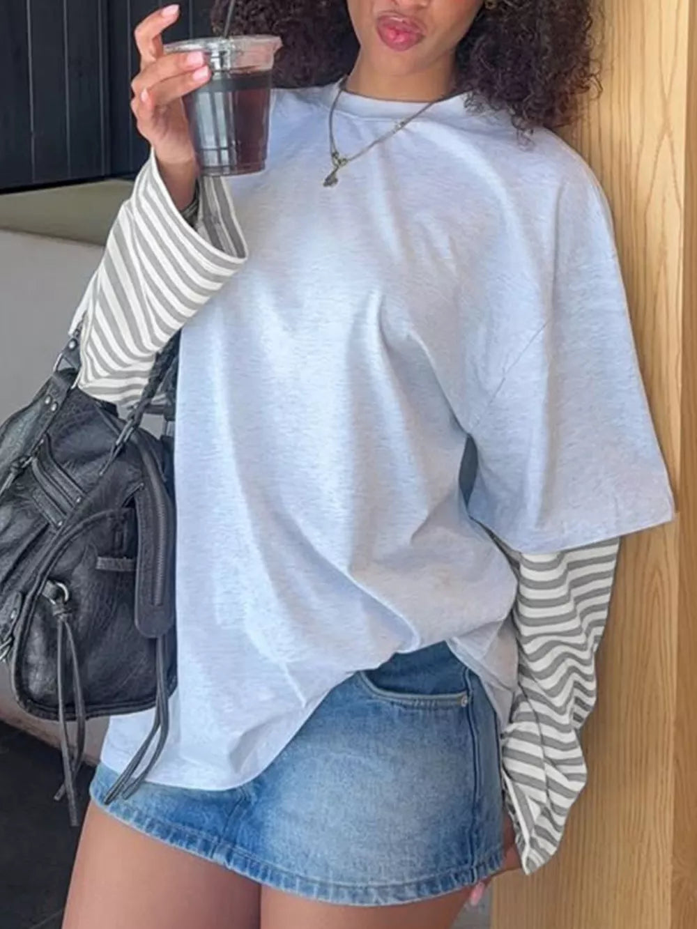 Light Gray t-shirt featuring stretch and striped