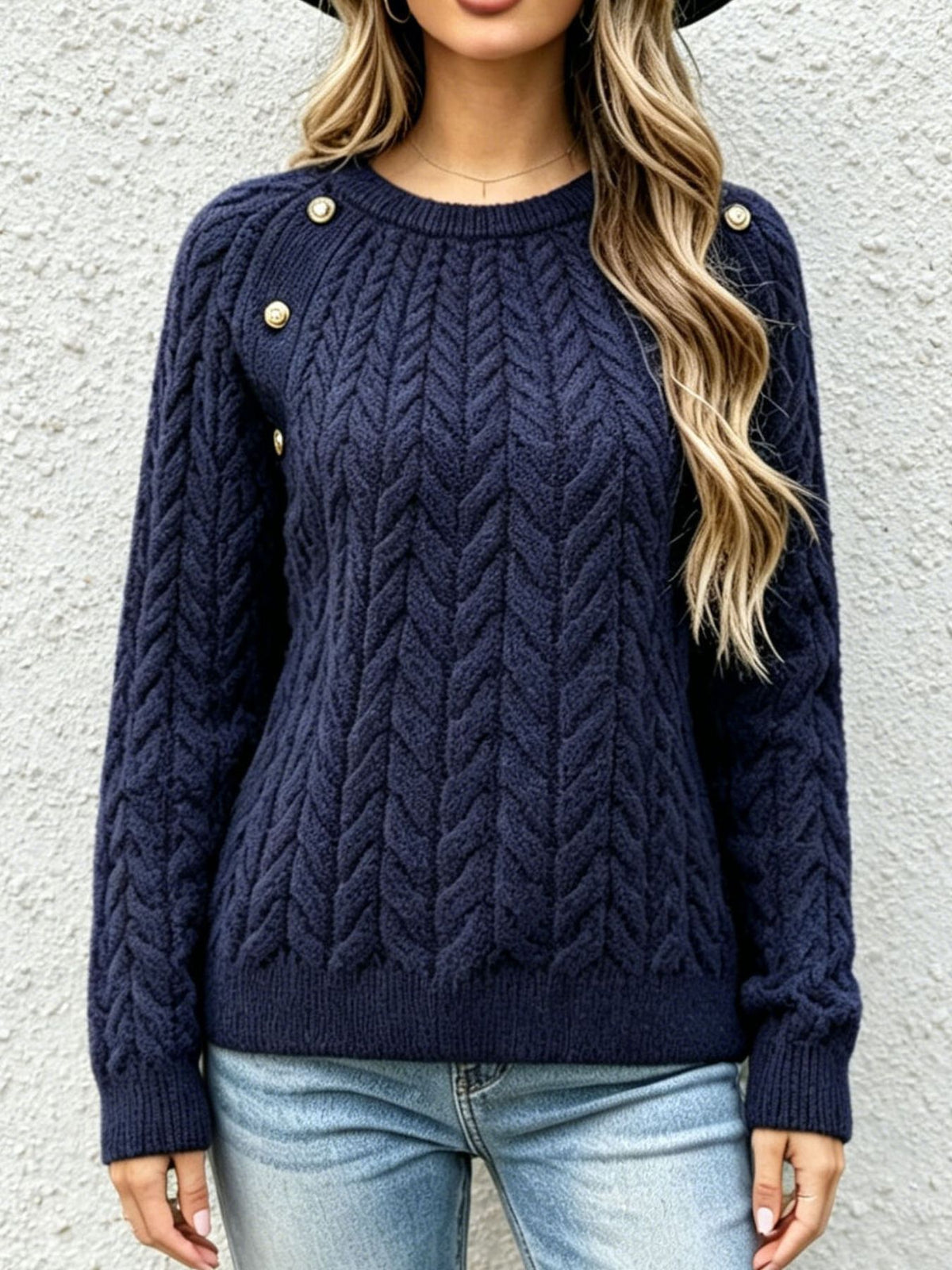 navy blue pullover sweater with cable knit and crew neck