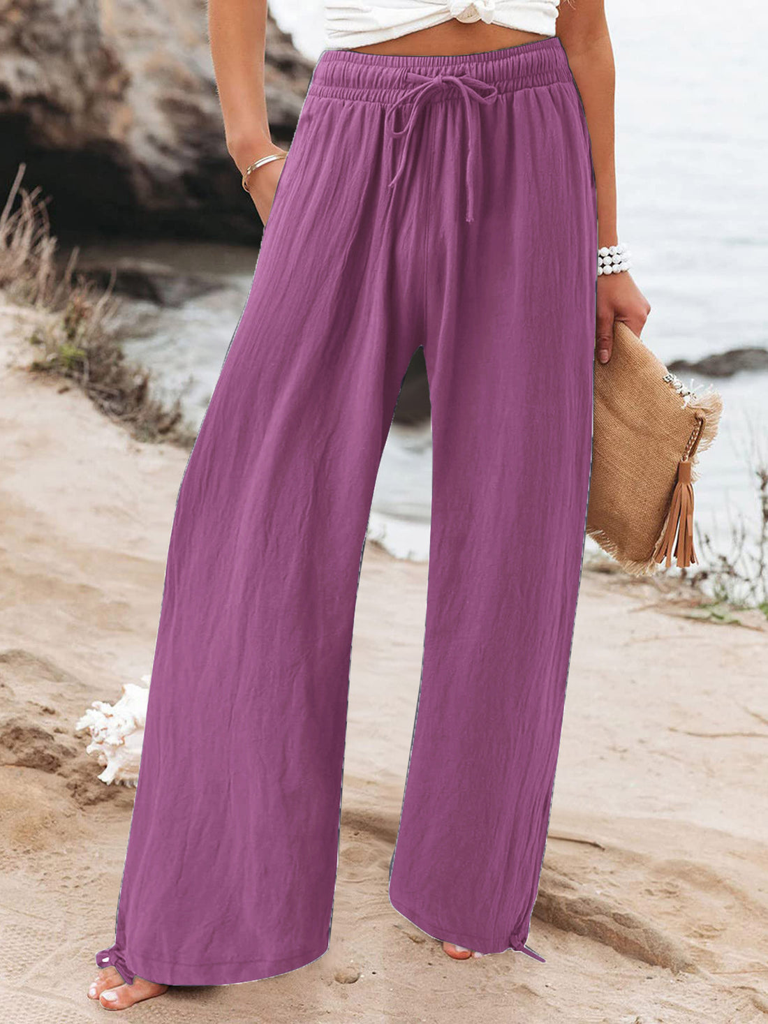 Full Size Drawstring Wide Leg Pants Plus Size in Fuchsia, view 18