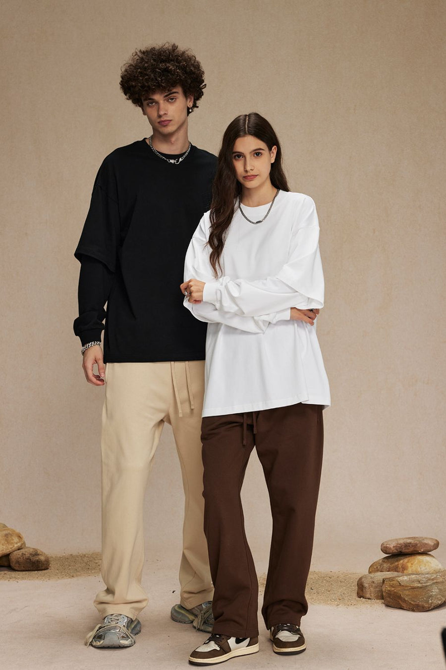 Black long sleeve layered t-shirt and white long sleeve t-shirt