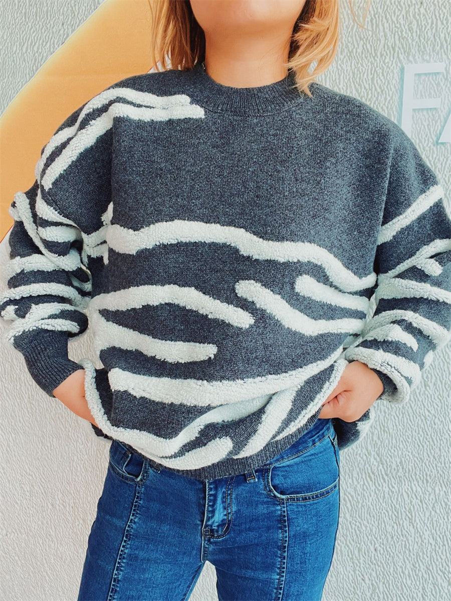 Textured stripe knit crewneck sweater in dark gray with white fuzzy stripes.