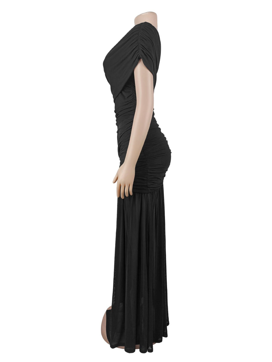 glam formal gown in black with one-shoulder