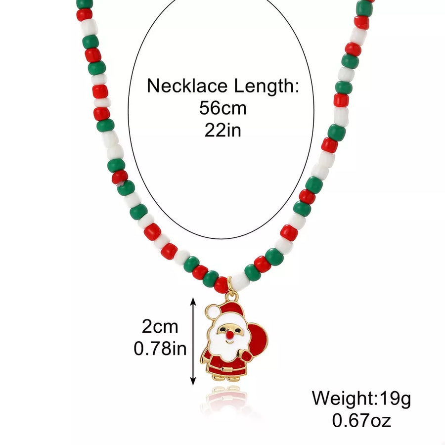 18k Gold-plated Christmas Beaded Necklace With Santa Charm in green with beaded