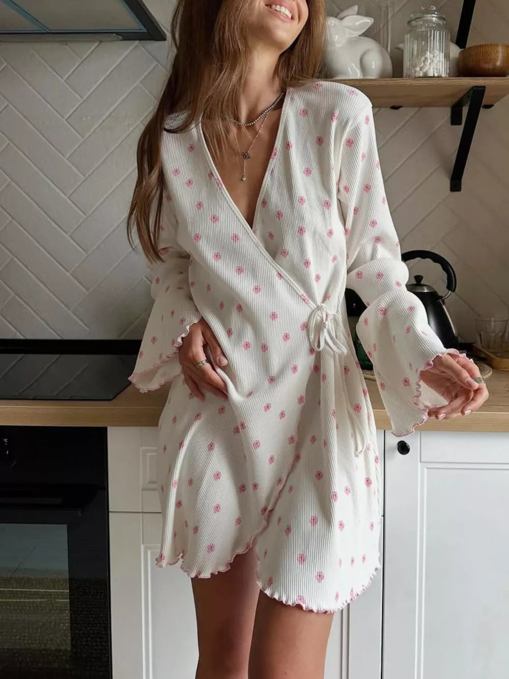 cream wrap dress with ditsy floral and v-neck