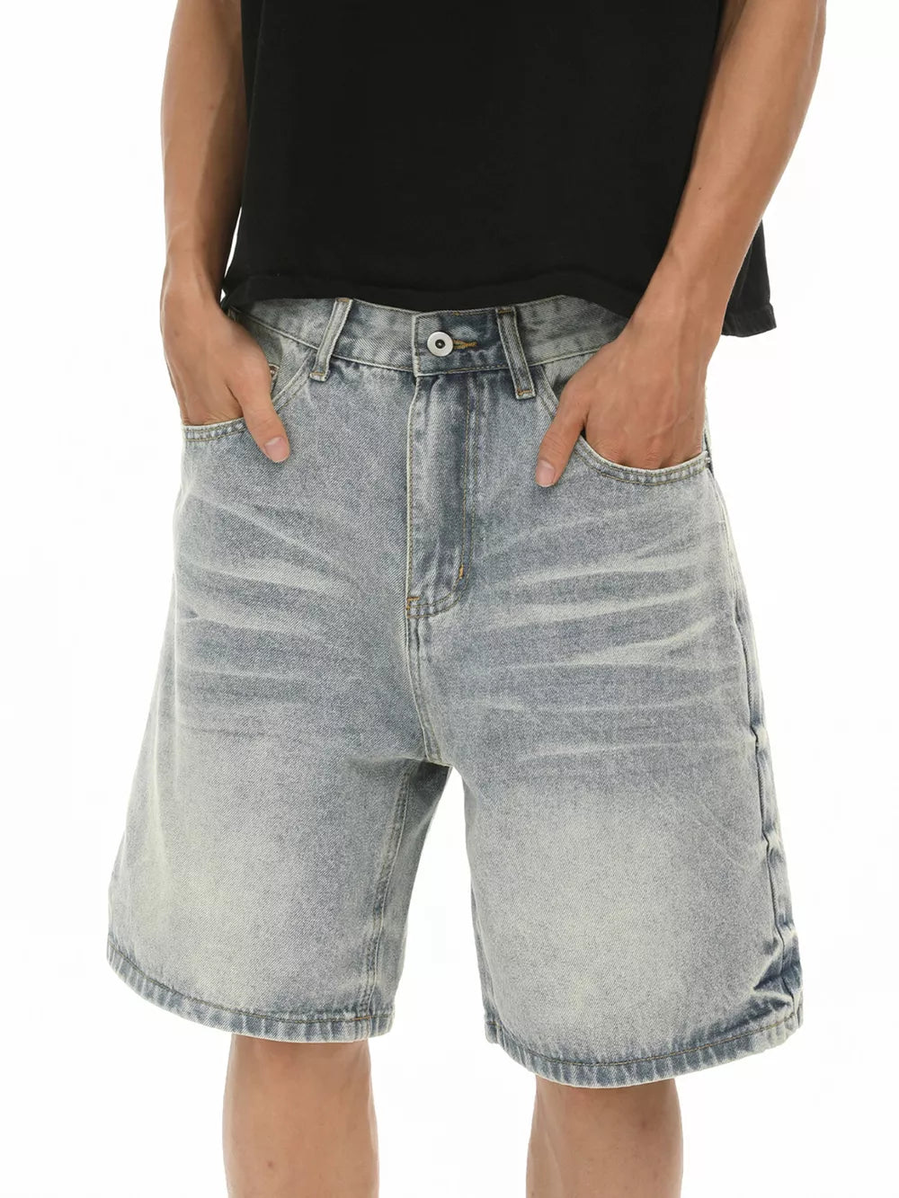 Relaxed fit light blue denim shorts with a comfortable cotton feel.