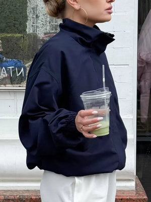 Navy windbreaker with hip-length and zip-front
