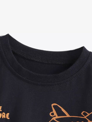 Navy toddler t-shirt with "Adventure Awaits" graphic and airplane detail.