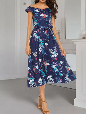 Floral off-shoulder midi dress with self-tie waist and ruffled hem.