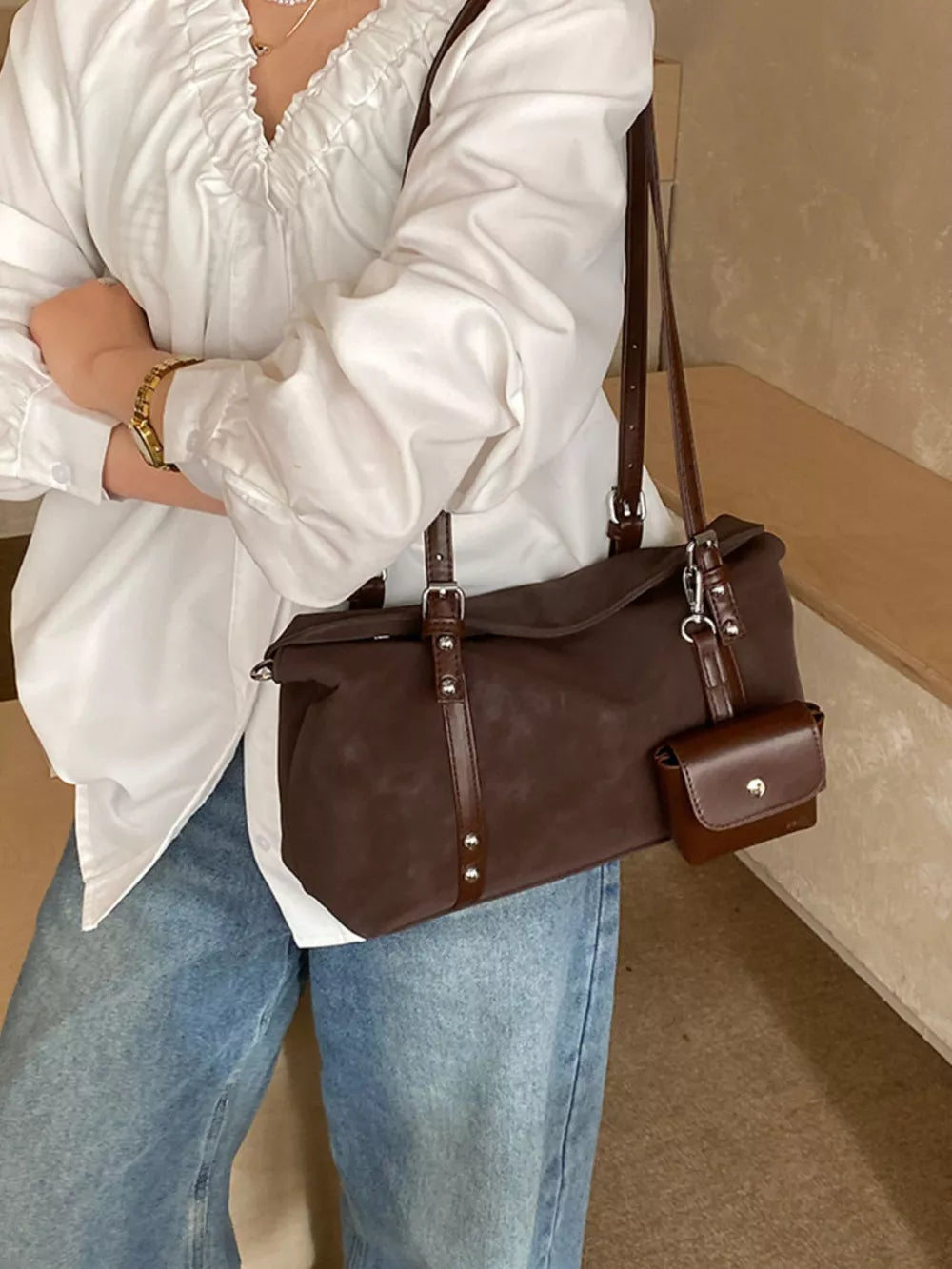Brown with Leather Shoulder Bag With Detachable Pouch