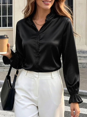 Elegant Button Down Ruffle Trim Satin Shirt in white