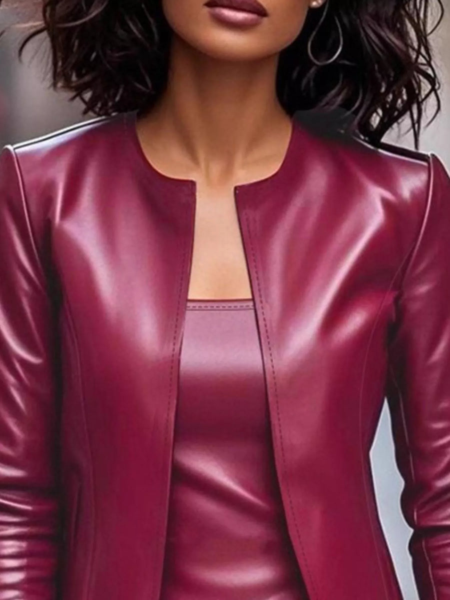 Burgundy leather jacket dress set with a square neckline and subtle stitching detail.