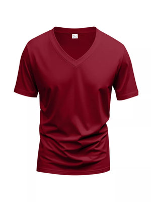 Essential slim fit v-neck t-shirt in wine red, made of breathable cotton.