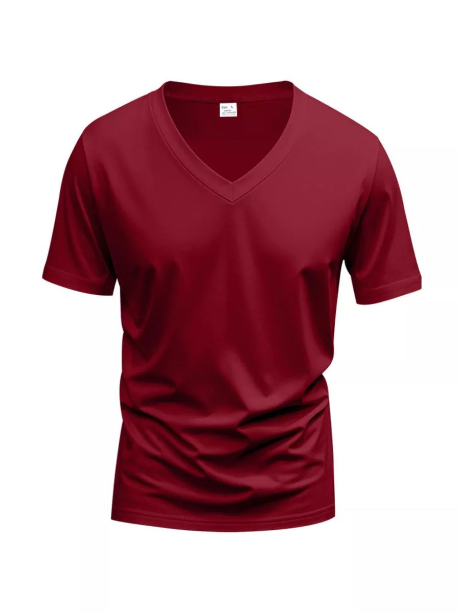 Essential slim fit v-neck t-shirt in wine red, made of breathable cotton.