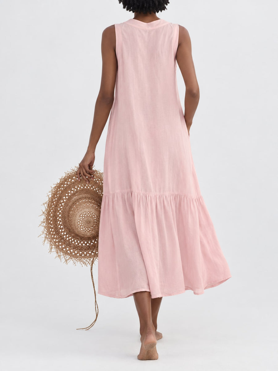 Creamy-white A-line midi dress with v-neck