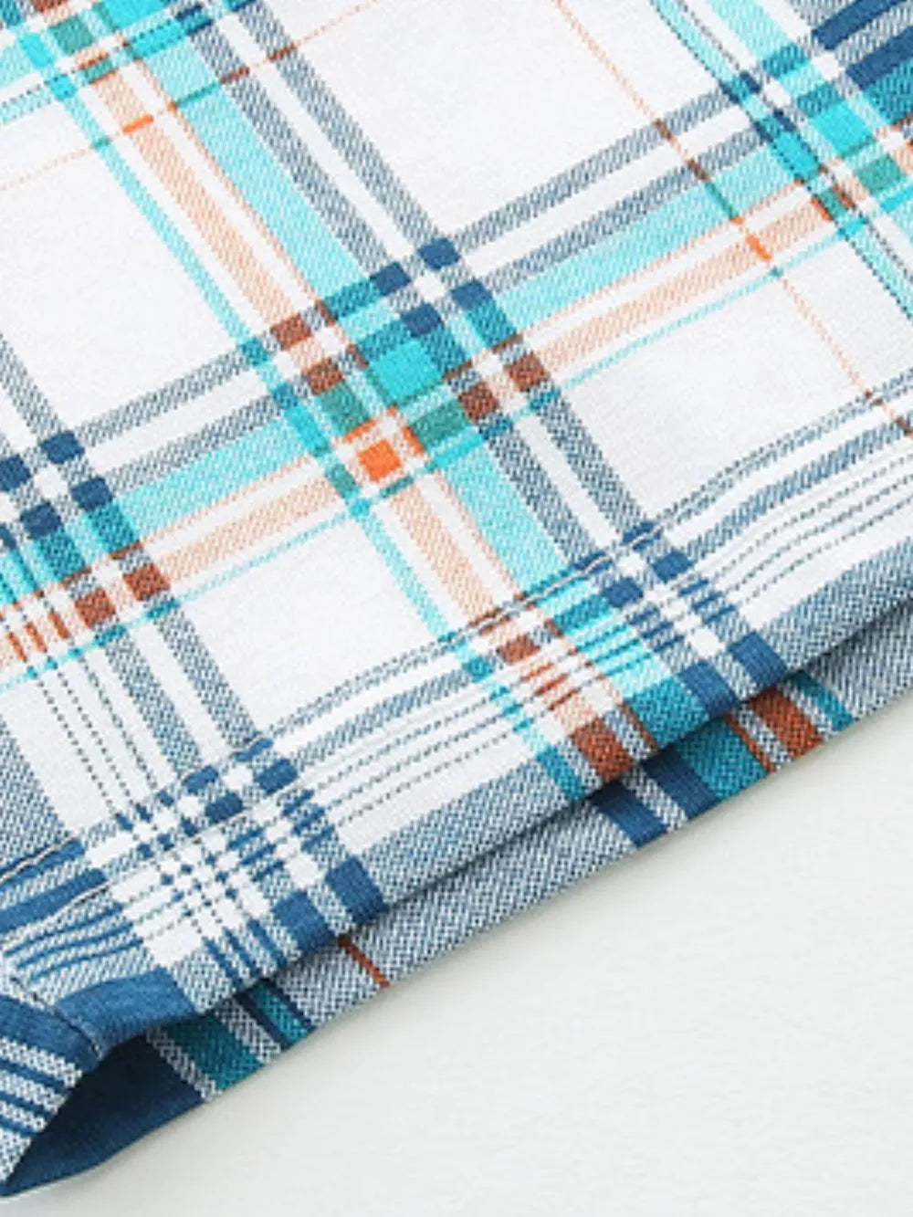 Boys' cotton underwear set with a blue, white, and orange plaid pattern.