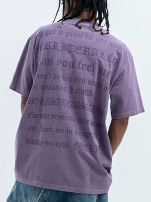 Purple oversized graphic tee with gothic text print on back, 100% cotton.