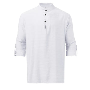 White half-button shirt with mandarin collar and rolled sleeves.