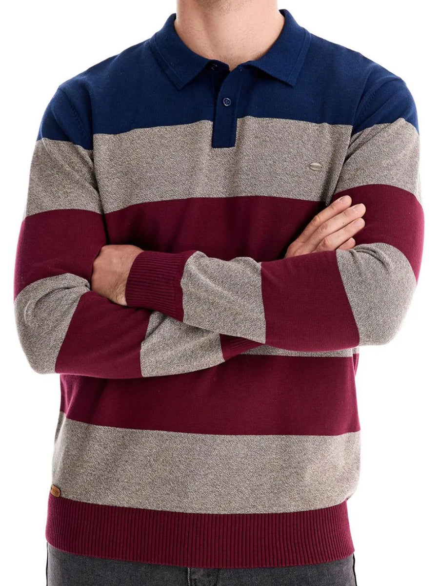 Colorblock knit polo with ribbed collar in navy, gray, and burgundy stripes.