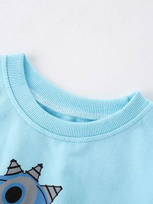 Baby crew neck sweatshirt in pastel blue with a dinosaur graphic.