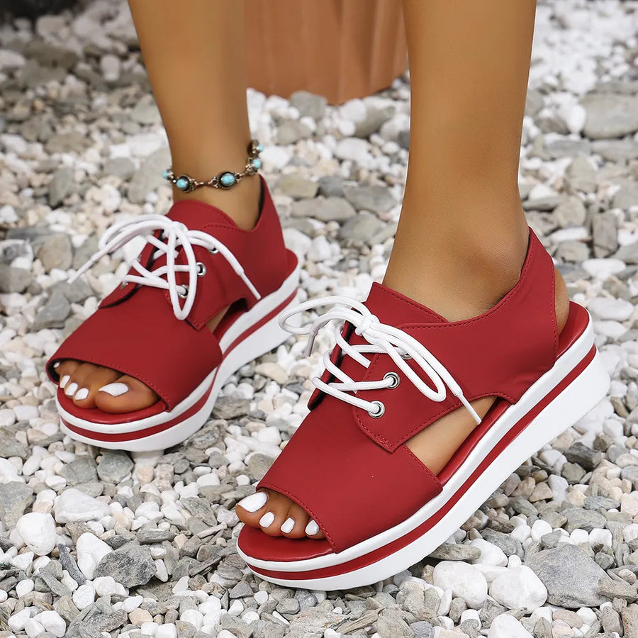 Deep Red Platform Oxford Sandal Hybrid with white laces and white striped sole.