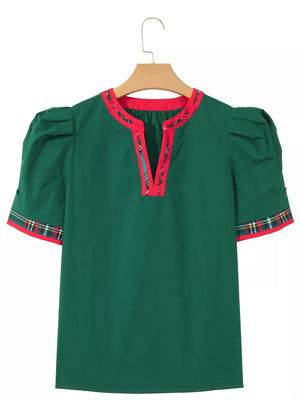 Dark Green with Plaid Trim V Neck Short Sleeve Blouse