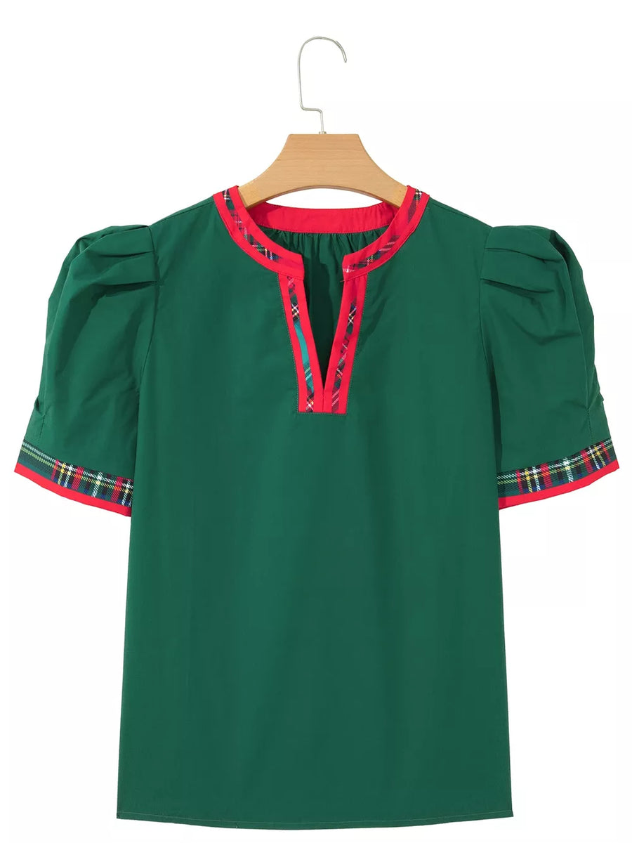 Dark Green with Plaid Trim V Neck Short Sleeve Blouse