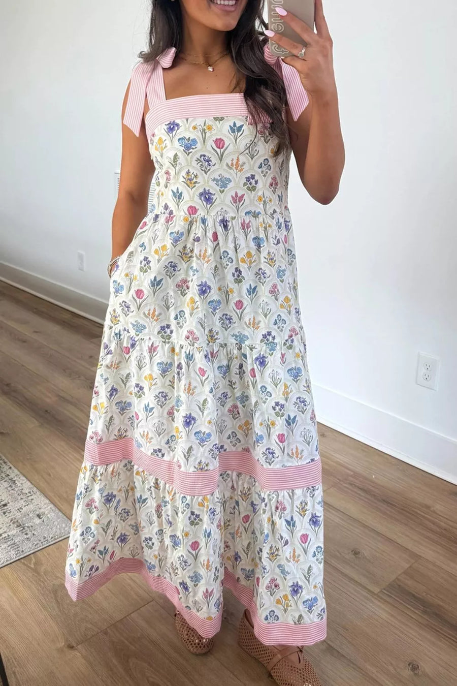 Tiered Floral Tie Shoulder Midi Dress option 3