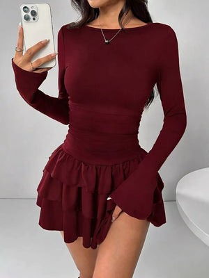 Ruched Long Sleeve Layered Ruffle Mini Dress in Red, view 18