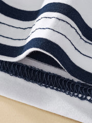 Toddler navy and white striped cotton t-shirt with detailed stitching.