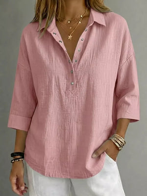 Yellow Full Size Snap Down 3/4 Sleeve Blouse Plus Size