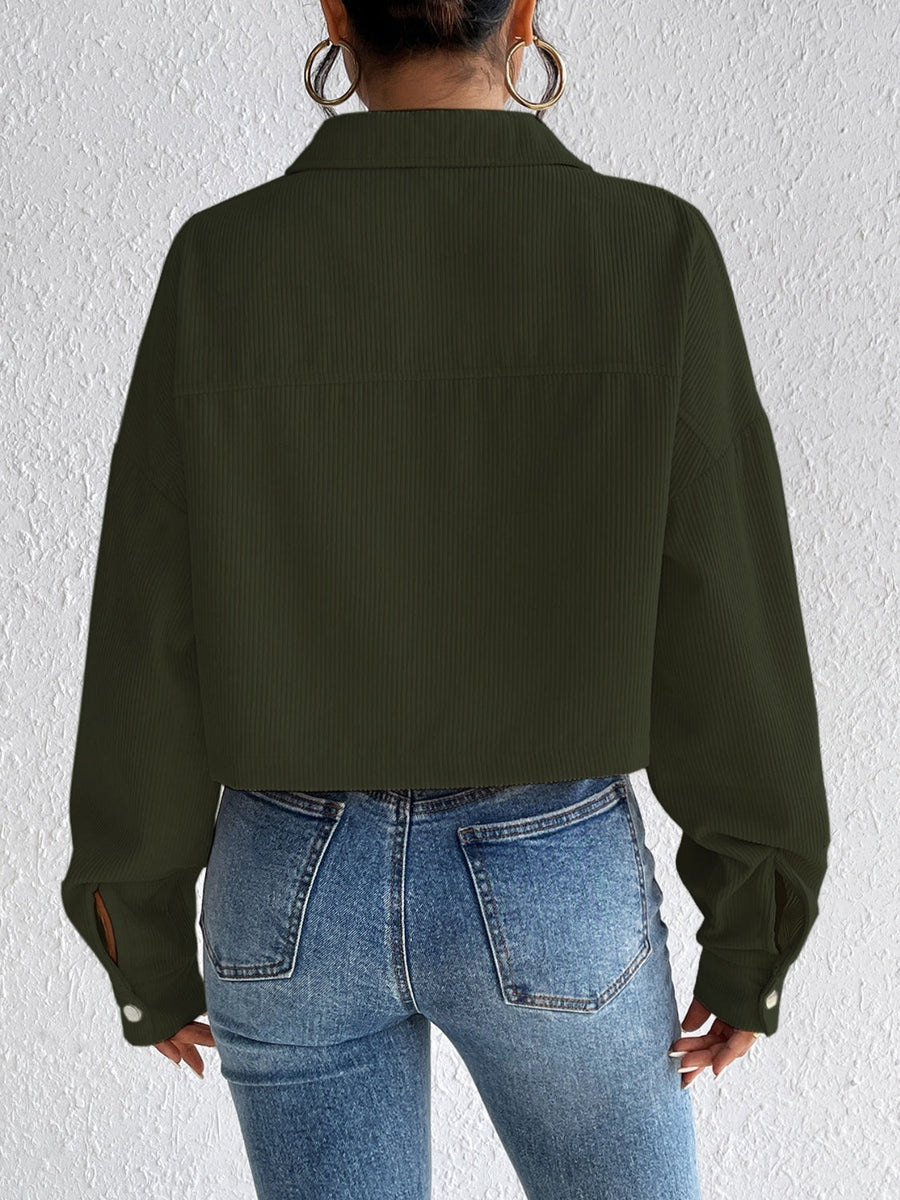 Cropped corduroy jacket in Army Green with snap cuffs and collar.