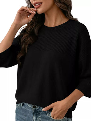 Pink Elegant Crew Neck Eyelet Ribbed Sweater