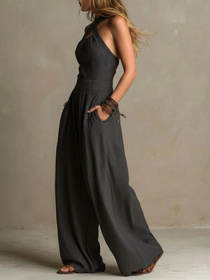 Brown jumpsuit featuring pocketed and striped