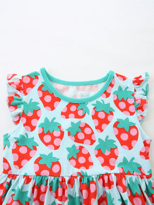 Baby dress with strawberry print, ruffle sleeves, and turquoise trim.