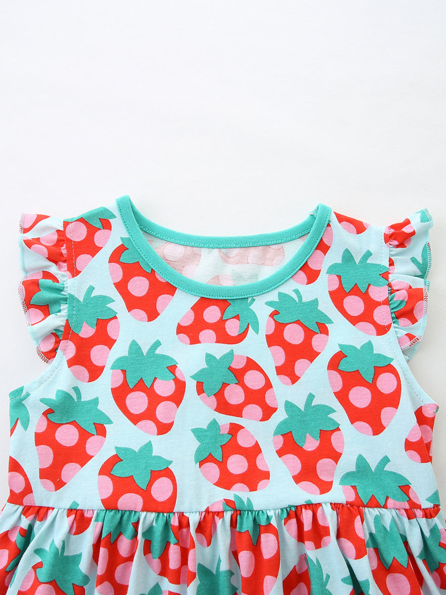 Baby dress with strawberry print, ruffle sleeves, and turquoise trim.