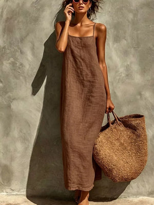 Taupe linen-blend maxi dress with spaghetti straps and a relaxed fit.