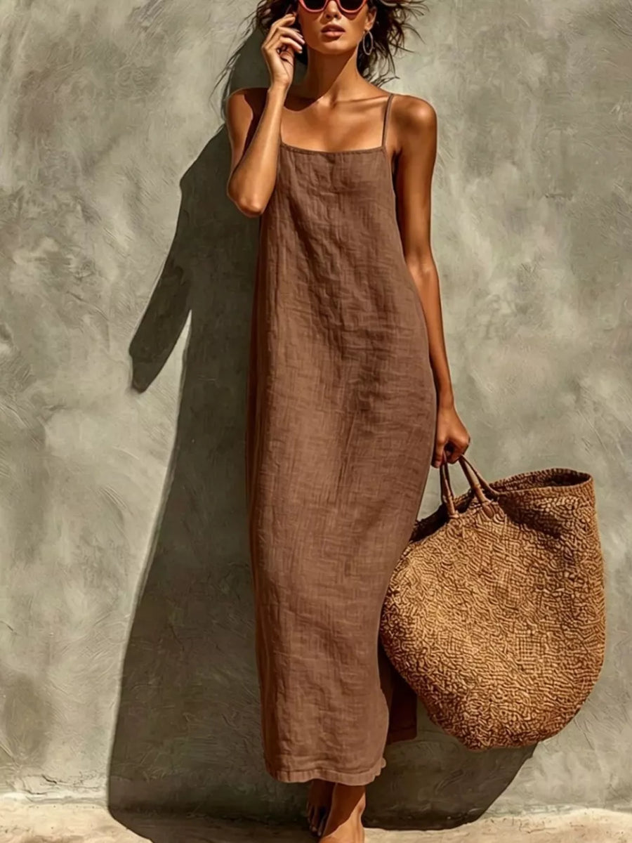 Taupe linen-blend maxi dress with spaghetti straps and a relaxed fit.