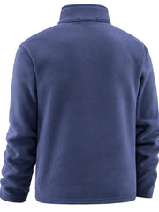 Plus-size dark blue quarter zip fleece sweatshirt with long sleeves and a stand-up collar.