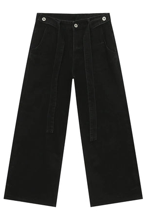 Belted palazzo jeans in dark acid wash denim with a wide leg and tie waist.