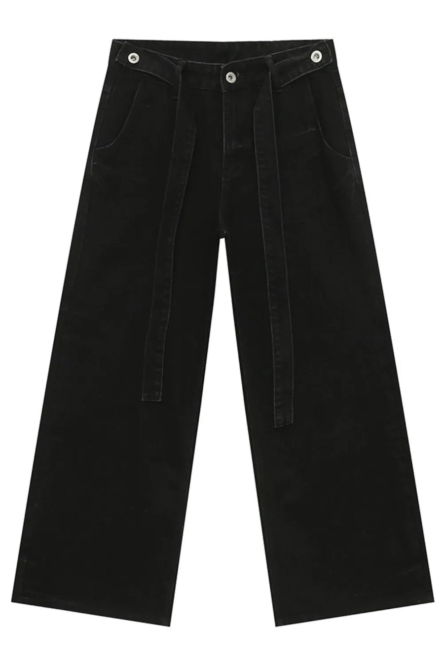 Belted palazzo jeans in dark acid wash denim with a wide leg and tie waist.