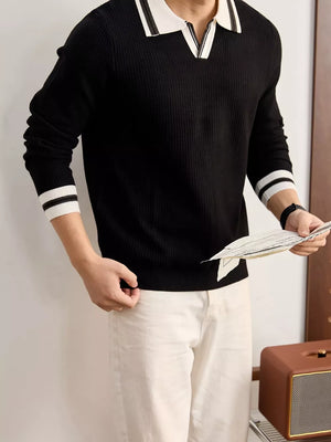 black pullover sweater with ribbed and collared