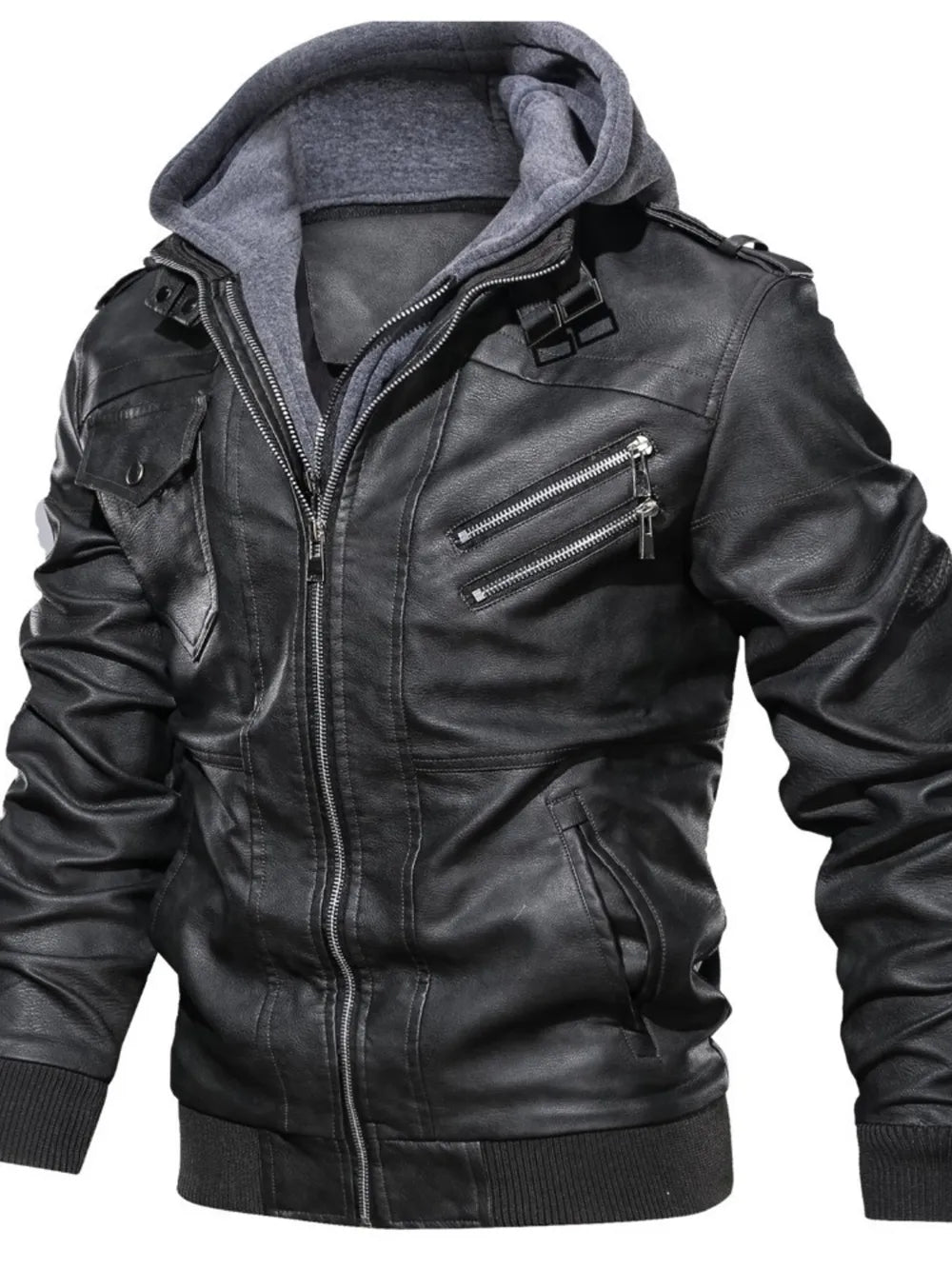 Black Men's Full Size Hooded Faux Leather Motorcycle Jacket