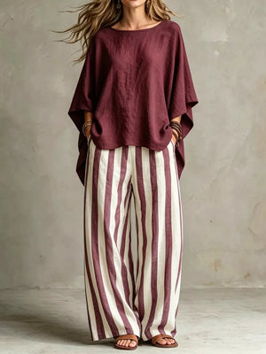 Solid Color Top And Pants Two-piece Set Plus Size in Burgundy