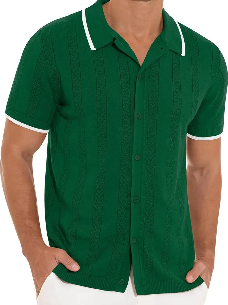 Dark green knit polo shirt with contrast trim and vertical cable knit texture.