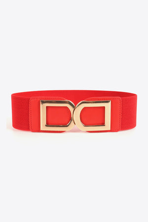 Red elastic belt with double gold buckle detail