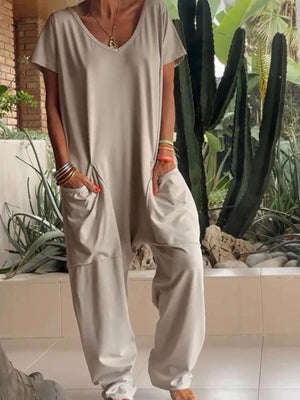 Light Gray Loose Fit V-neck Short Sleeve Wide Leg Jumpsuit