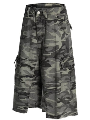 Camouflage cotton cargo capris with utility pockets and button fly.