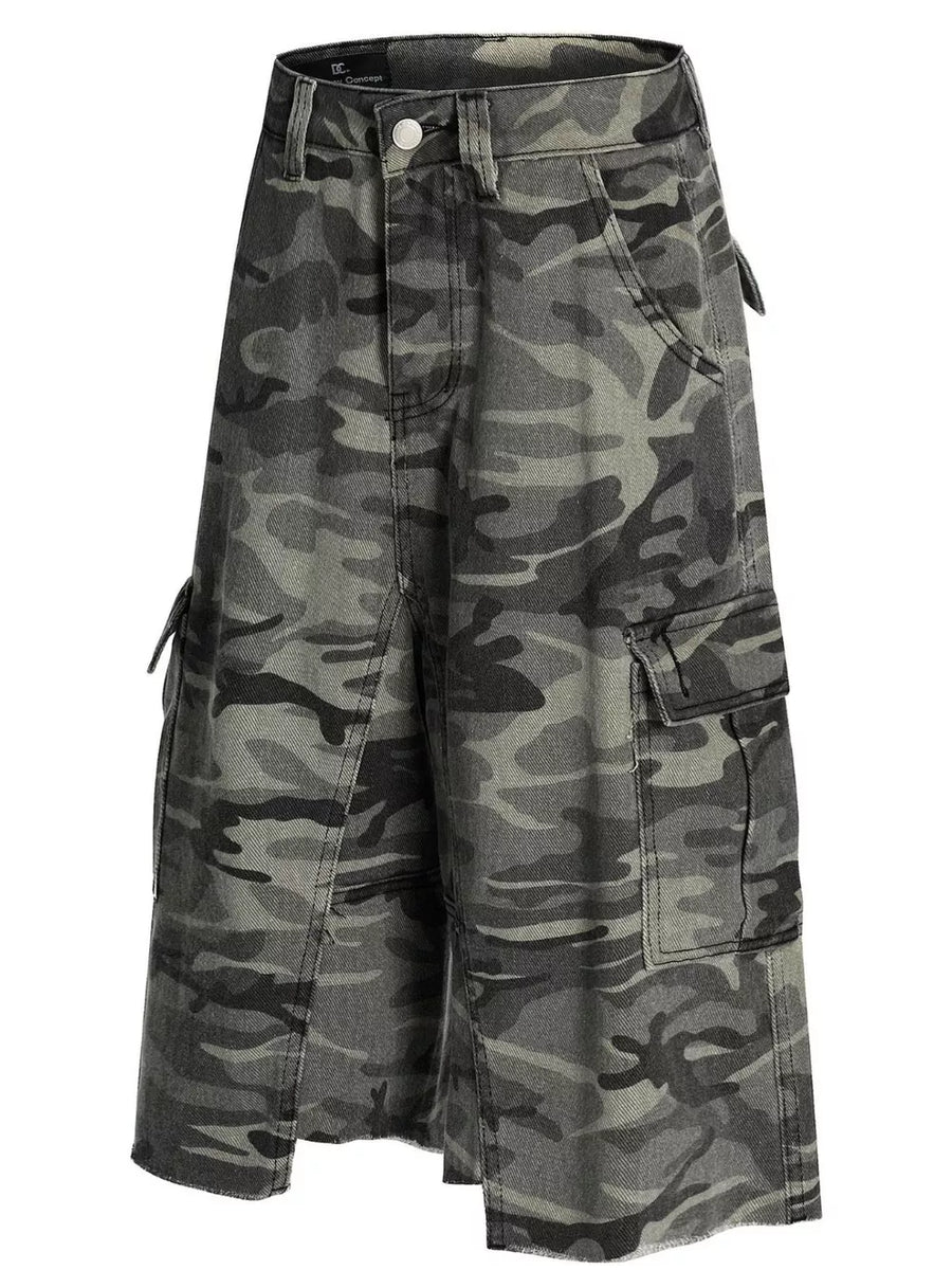 Camouflage cotton cargo capris with utility pockets and button fly.